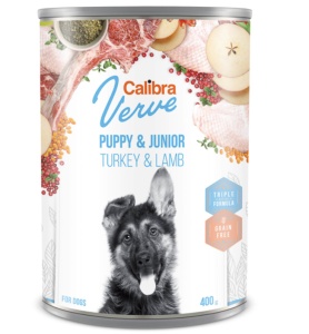 Calibra Dog Verve GF Junior Turkey & Lamb - Hrana umeda cu curcan si miel pentru puii de caine, fara cereale 400 g