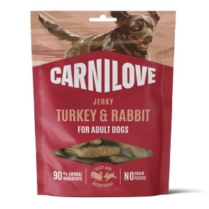 Carnilove Dog Jerky Turkey & Rabbit – Recompense delicioase din carne uscata de curcan și iepure pentru caini, 100 g