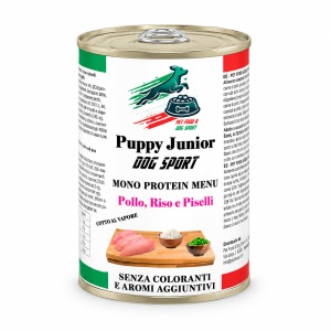 Conserva Dog Sport Junior - Hrana umeda completa cu pui, orez si mazare pentru catei in crestere, de toate taliile, 400g