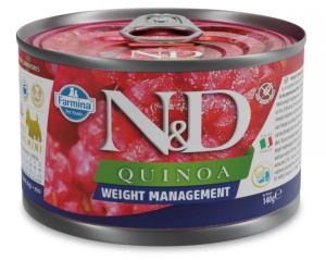 Farmina N&D Quinoa Weight Management Lamb Mini 140gr – Hrana umeda dietetica completa pentru caini supraponderali sau cu tendinta de ingrasare
