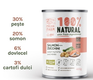 Fresh Farm Coarse pate with salmon, zucchini, sweet potatoe and herbs - Hrana umeda completa cu somon pentru caini adulti