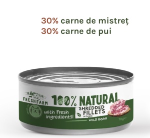 Fresh Farm Shredded fillets in sauce with wild boar and chicken - Hrana umeda completa pentru pisici adulte, 70 gr