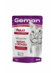 Gemon Pouches-Chunkies Adult Beef&Vegetables 100gr - Hrana umeda completa cu vita si legume pentru pisici