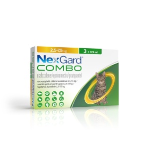 NexGard Combo pisici spot-on 2.5-7.5 kg - Pipete antiparazitare complete pentru purici, capuse și deparazitare interna, 3 pipete