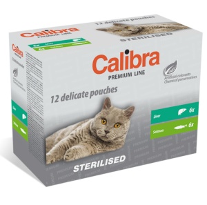 Calibra Cat Pouch Premium Line Sterilised Multipack - Selectie de hrana umeda cu ficat si somon, 12plicuri x 100 g