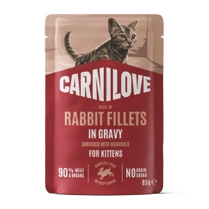 Carnilove Cat Pouch Gravy Rabbit & Marigold Kittens – Hrana umeda cu fileuri de iepure în sos pentru pui de pisica, 85 g