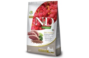 Farmina N&D Quinoa Neutered Duck, Broccoli & Asparagus Adult Mini 2.5kg – Hrana uscata completa fara cereale pentru caini adulti sterilizati de talie mica