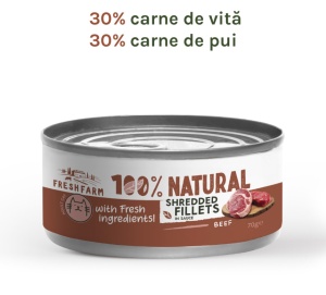 Fresh Farm Shredded fillets in sauce with beef and chicken -Hrana umeda completacu vita si pui pentru pisici adulte, 70 gr