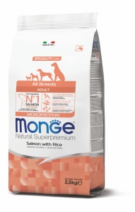 Monge Adult All Breeds cu Somon si Orez – hrana uscata completa pentru caini adulti, 2,5 kg