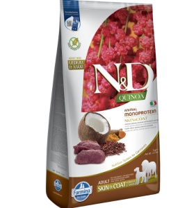 N&D Quinoa Skin & Coat – Hrana uscata cu vanat pentru caini cu sensibilitati alimentare, piele si blana sensibila, 7kg - Img 1