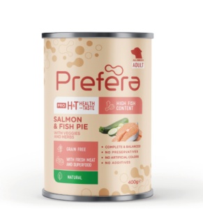 Prefera Coarse pate with salmon, zucchini, sweet potatoe and herbs 400 gr- Hrana umeda tip pate grosier cu somon, zucchini si cartof dulce pentru caini adulti