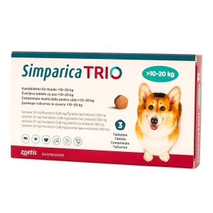 Simparica Trio 10-20 kg pentru caini – Pastila antiparazitara purici, capuse și viermi, 1 Comprimat