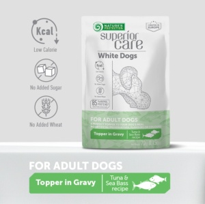 Superior Care White Dogs Topper Caini Adulti cu Ton si Biban in Sos - Gustare complementara Super Premium, pentru cainii adulti cu blana alba sau deschisa, 70g - Img 3