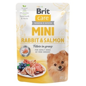 Brit Care Dog Mini Rabbit and Salmon Fillets in Gravy - Hrana umeda cu fileuri de iepure si somon pentru caini adulti de talie mica, 85 g