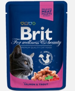 Brit Premium Cat plic cu carne de somon si pastrav - Hrana umeda pentru pisici cu peste, plic 100 g