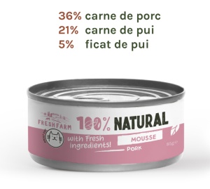 Fresh Farm Mousse pate with pork - Hrana umeda completa tip pateu cu porc pentru pisici adulte, 85 gr
