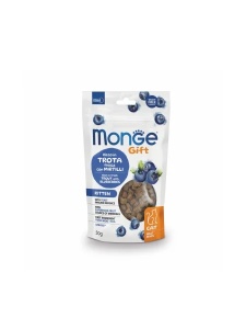 Monge Gift Meat Minis Kitten Trout Blueberries 50gr -Hrana complementara cu Pastrav si Afine special formulat pentru pisoii aflati in crestere.