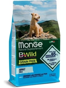 Monge Mini Bwild Grainfree Chunks Anchovies, Potatoes&Peas 2.5kg - Hrana uscata completa cu ansoa pentru cainii adulti de talie mica