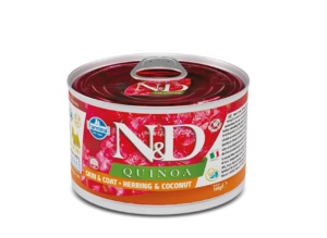 N&D Quinoa Skin & Coat – Hrană umenda cu hering pentru piele sensibilă și blană sănătoasă, 140g - Img 1