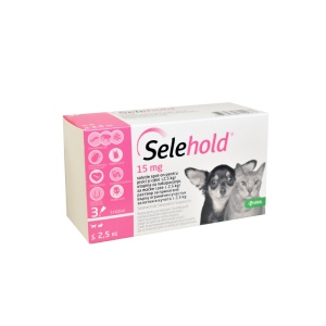 Selehold pui caini si pisici spot-on 15mg - Antiparazitar estern si intern pentru pui de caini si pisica (sub 2.5 kg), 3 Pipete