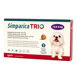 Simparica Trio 2.5-5 kg pentru caini – Pastile antiparazitare purici, capuse și viermi, 3 comprimate