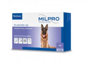 Milpro 12.5mg/125mg – Antiparazitar intern impotriva viermilor intestinali si cardiopulmonari pentru caini, 4 comprimate
