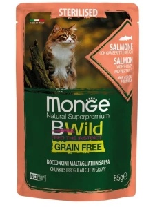 Monge BWild Grain Free Plic Pisici Sterilizate Somon Creveti si Legume 85g