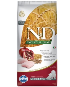 N&D Ancestral Grain Pui & rodie Puppy Medium & Maxi - hrana uscata cu pui, formulata pentru catei de talie medie si mare si pentru femele gestante sau lactante, 12kg