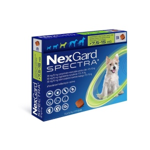 NexGard Spectra 7.5-15 kg-Pastile antiparazitare purici, capuse și viermi, 3 comprimate