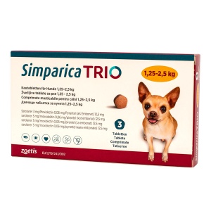 Simparica Trio 1.25-2.5 kg pentru caini – Pastile antiparazitare purici, capuse și viermi, 3 comprimate
