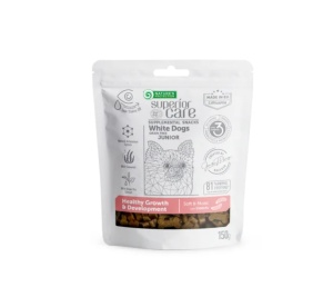 Superior Care White Dogs Snacks GF Crestere si Dezvoltare Sanatoasa pentru Juniori cu Insecte - Recompense pentru sustinerea cresterii si dezvoltarii sanatoase pentru juniori cu blana alba, 150 g
