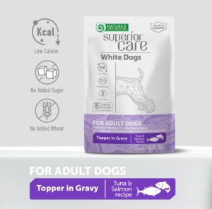 Superior Care White Dogs Topper Pentru Caini Adulti cu Ton si Somon in Sos - Hrana umeda complementara cu Ton si Somon pentru caini adulti cu blana alba, 70g - Img 3