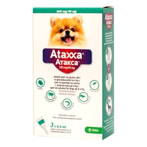 Ataxxa spot-on 200 mg/40 mg - Pipete antiparazitare externe pentru caini de talie foarte mica ( sub 4 kg), 3 pipete