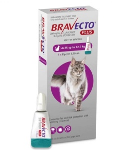 Bravecto Plus spot-on 500 mg- Antiparazitar extern si intern pentru pisici (6.25-12.5 kg), 1 doza