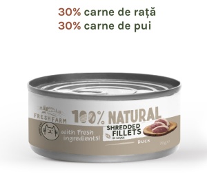 Fresh Farm Shredded fillets in sauce with duck and chicken - Hrana umeda completa cu rata si pui pentru pisici adulte, 70 gr