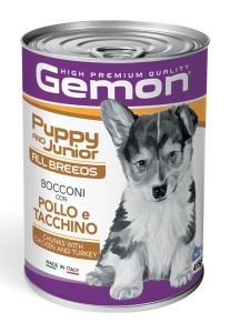 GEMON Dog Chunks Puppy&Junior Chicken&Turkey - Hrana umeda completa cu pui si curcan pentru caini juniori, 415 g