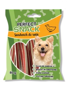 Perfect Snack Fasii cu Aroma de Sandwich de Rata pentru Caini – Recompense cu gust intens, 80 g