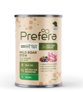 Prefera Coarse pate with wild boar, berries and herbs 400 gr- Hrana umeda tip pate grosier cu mistret, fructe de padure si ierburi pentru caini adulti