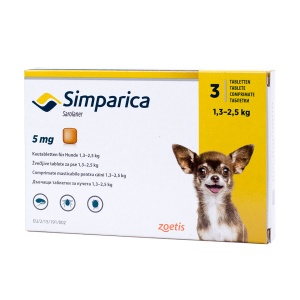 Simparica 5mg - Antiparazitar extern pentru caini de talie foarte mica caini (1.3-2.5 kg), 3 Comprimate