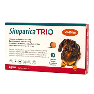 Simparica Trio 5-10 kg pentru caini – Pastile antiparazitare purici, capuse și viermi, 3 comprimate