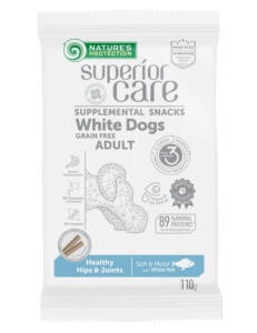 Superior Care White Dogs GF Snack Hips & Joints cu Peste Alb - Recompensa functionala super premium destinata cainilor adulti cu blana alba si sanatatii sistemului articular, 110g