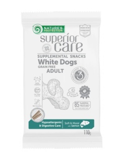 Superior Care White Dogs GF Snack Hypoallergenic & Digestive Care cu Somon - Snack functional super premium destinat cainilor adulti cu blana alba sau deschisa la culoare cu alergii alimentare sau sensibilitati digestive, 110gr