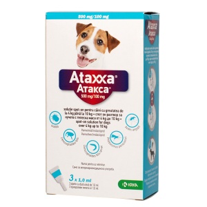 Ataxxa spot-on 500 mg/100 mg - Pipete antiparazitare externe pentru caini de talie mica (4-10 kg), 3 pipete