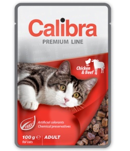Calibra Cat Pouch Premium Line Chicken & Beef - Hrana umeda cu pui si vita in sos pentru pisici adulte, 100 g