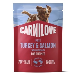 Carnilove Dog Pouch Pate Turkey & Salmon with Blueberries Puppies – Hrana umeda completa cu curcan, somon si afine pentru catei, 300 g