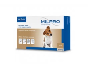 Milpro Puppy 2.5mg/25mg – Antiparazitar intern impotriva viermilor rotunzi si plati pentru catei si caini de talie mica, 4 comprimate