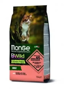 Monge BWild Grain Free Adult cu Somon si Mazare – hrana uscata completa fara cereale pentru pisici adulte, 1,5 kg