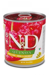 N&D Quinoa Skin and Coat – Hrana umeda pentru caini adulti cu prepelita si cocos 285g