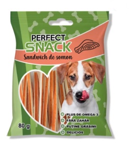 Perfect Snack – Fasii cu aroma de sandwich de somon pentru caini, 80 g
