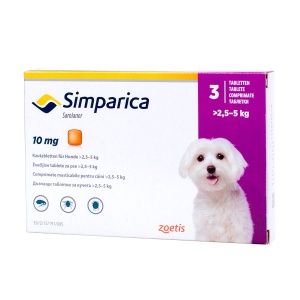 Simparica 10mg - Antiparazitar extern pentru caini de talie mica (2.5-5 kg), 3 Comprimate